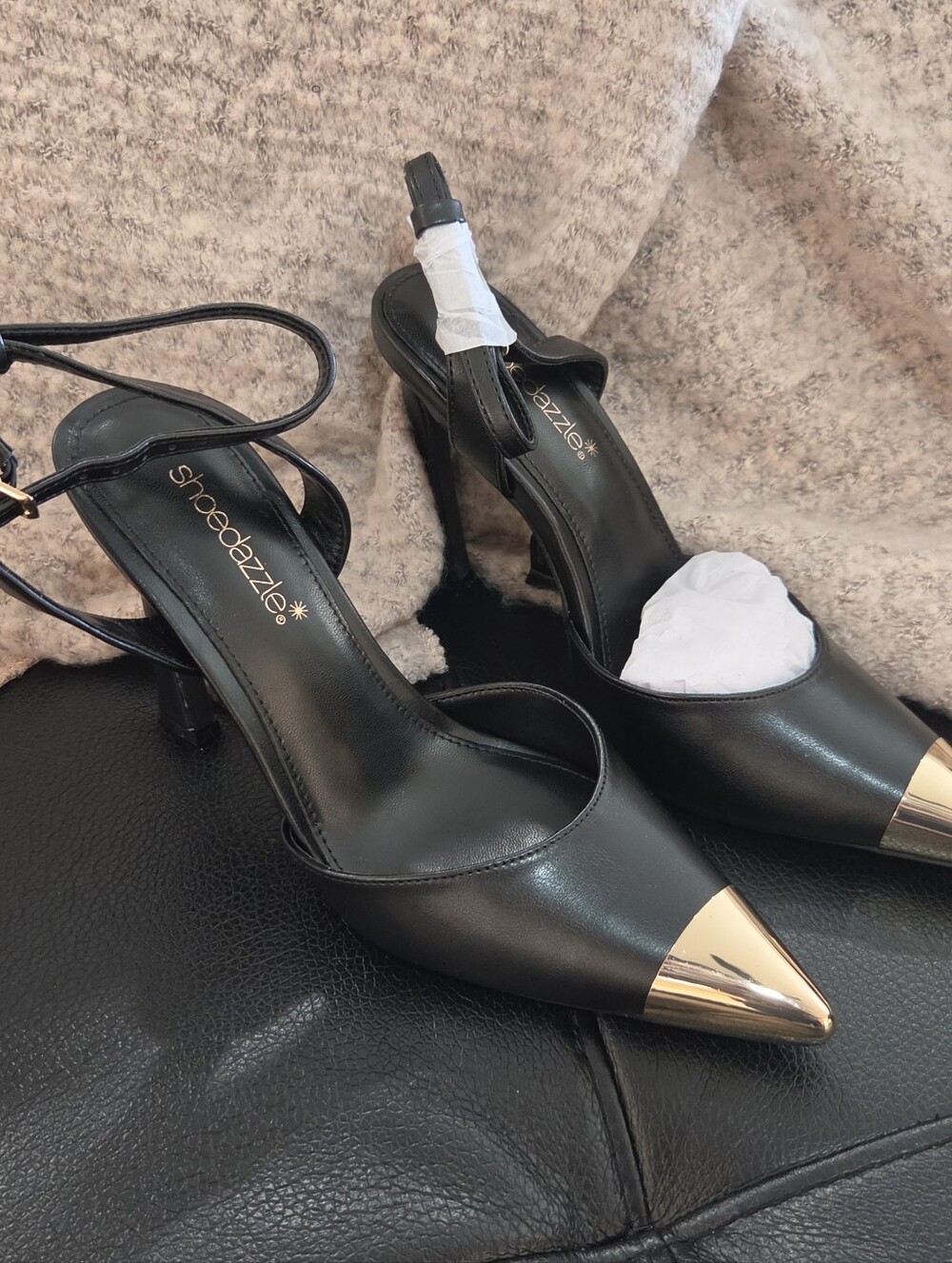 Shoe Dazzle Black Pointed Slingback Pumps with Gold Toe Cap